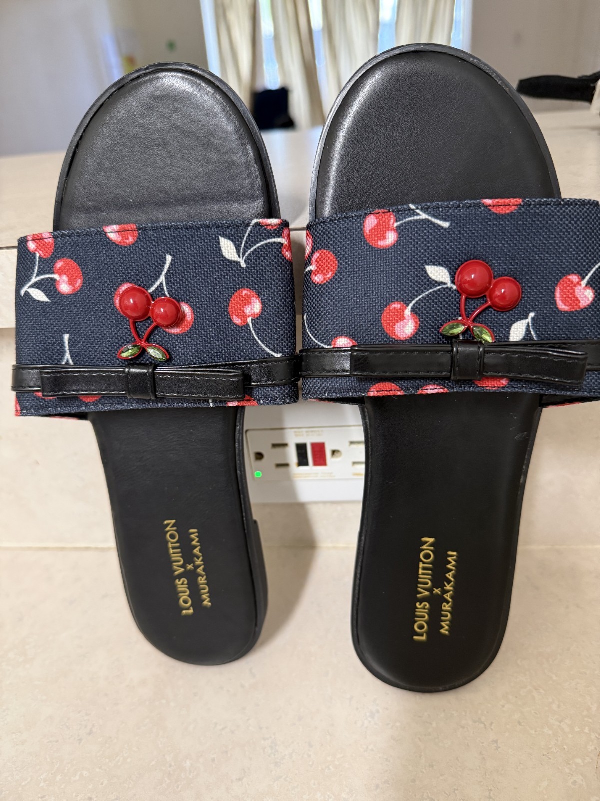 Louis Vuitton Women’s Black/Blue/Red Cherry Logo Slip-On Slide Sandals EU 39