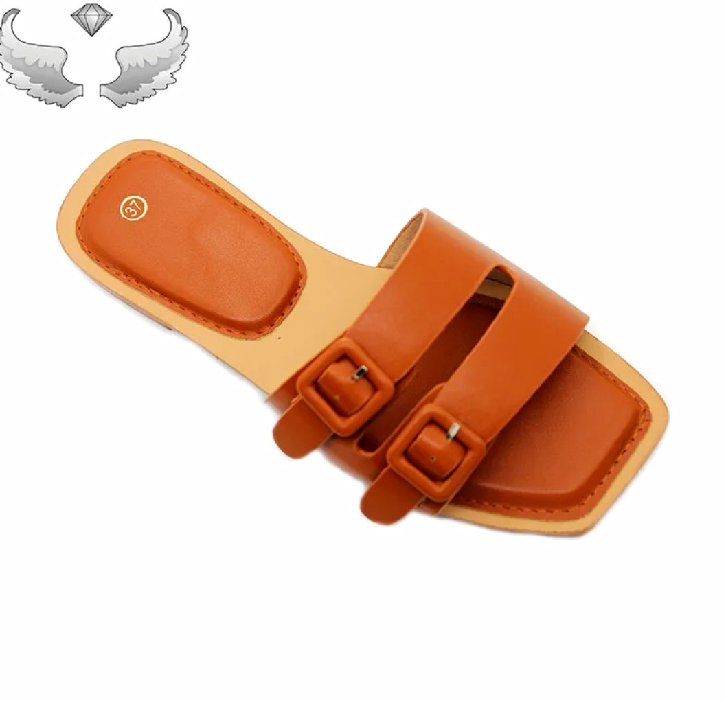 Women’s Brown Double Buckle Square Toe Slide Sandals Slip-On Synthetic 7.5
