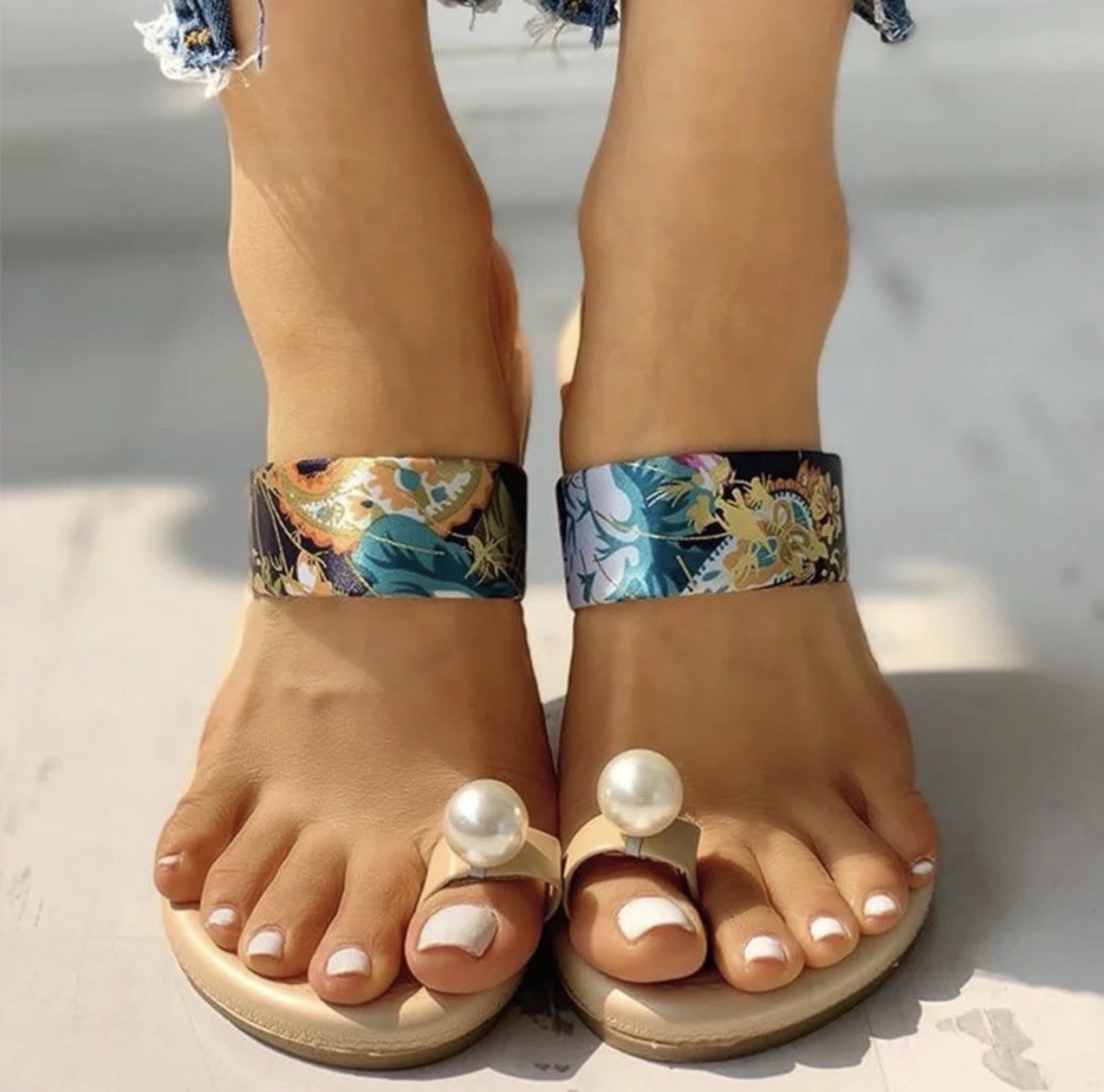 Women’s Floral Pearl Accent Slide Sandals Beige Multicolor Summer Casual