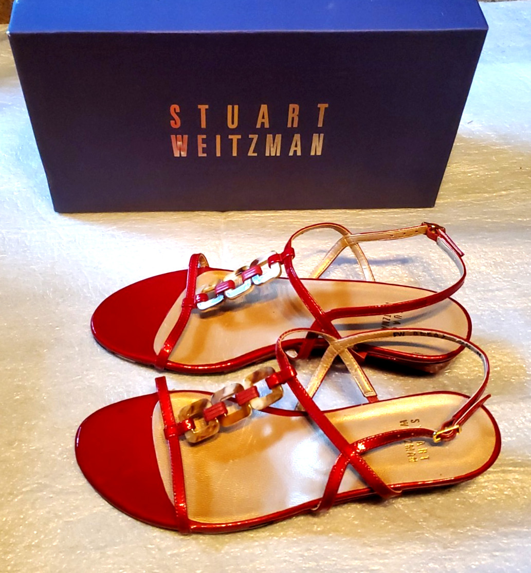 STUART WEITZNAN SANDALS Size 7.5M Conchita, Red Quasar, 1.25″ Wedge Heels in BOX