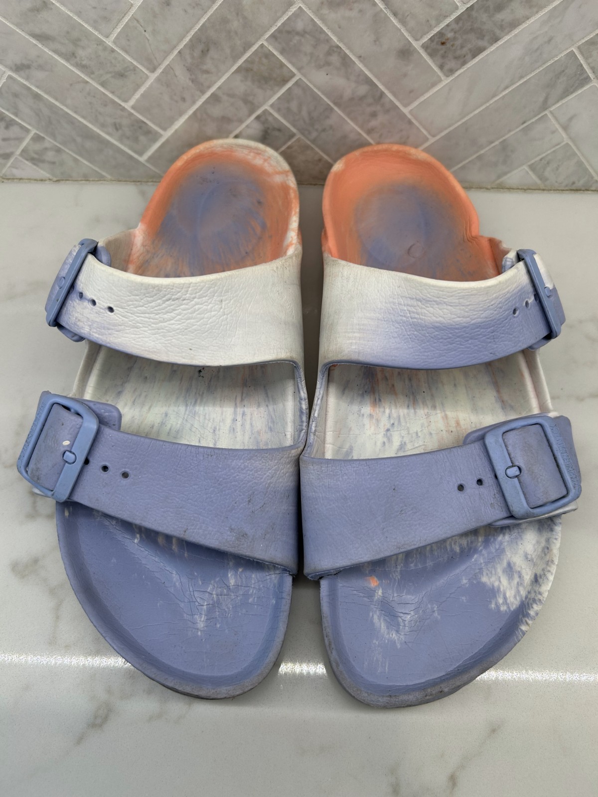 Birkenstock Arizona EVA Sandal Womens Size 40 9 9.5 Purple Fog White Tie Dye