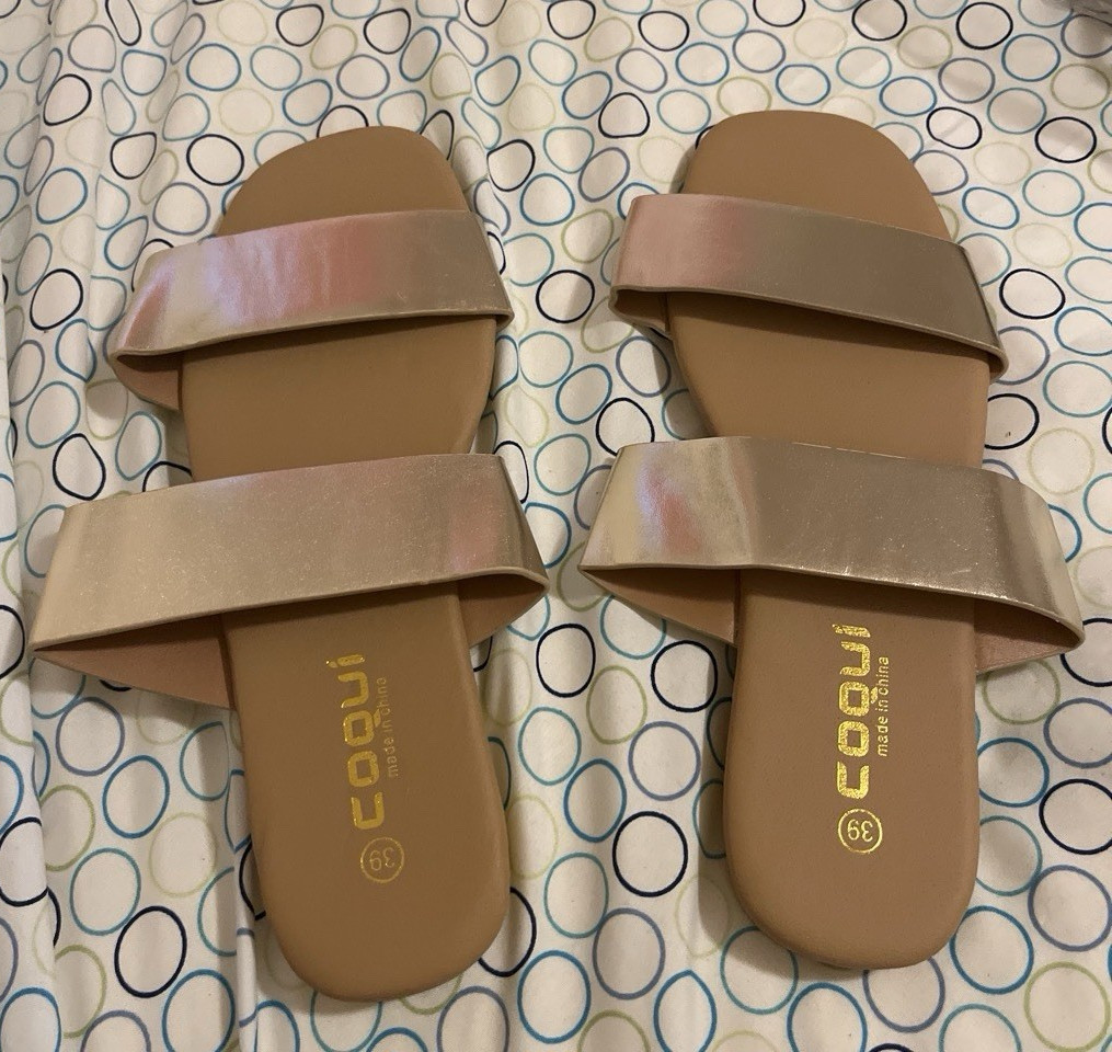 Coconu Women’s Leather Slide Sandals Gold Slip On Solid Flat