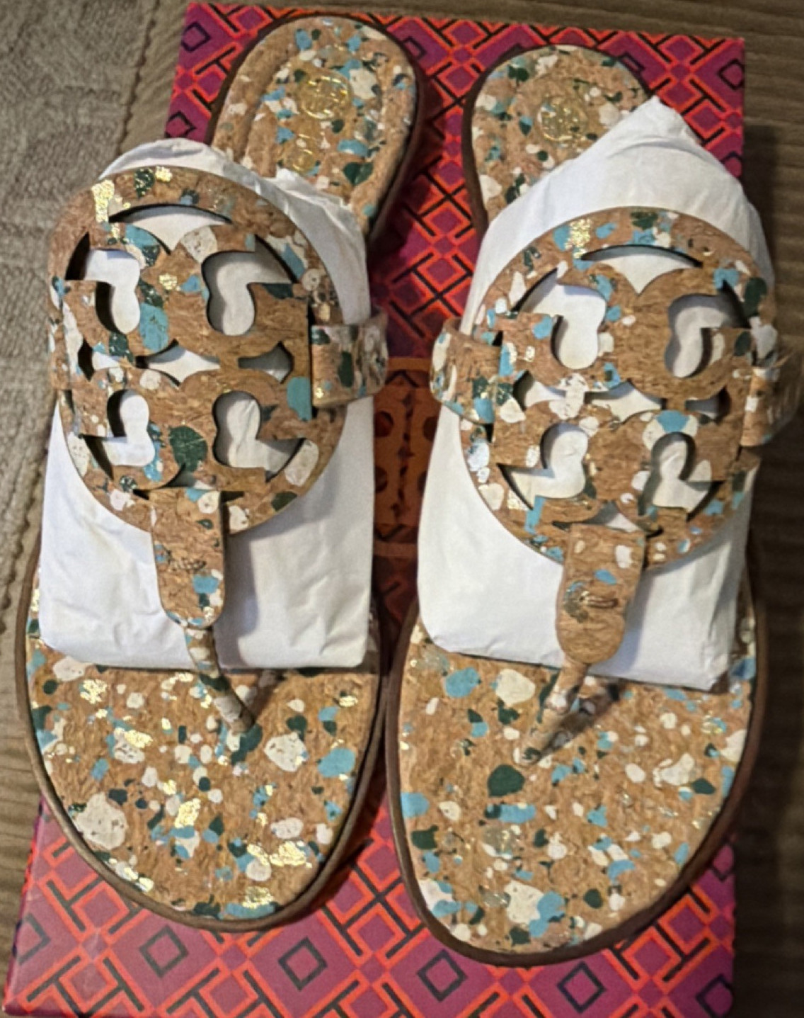 Tory Burch Comfort Thong Sandals Blue Cork Confetti Logo Accent Women’s Size 9