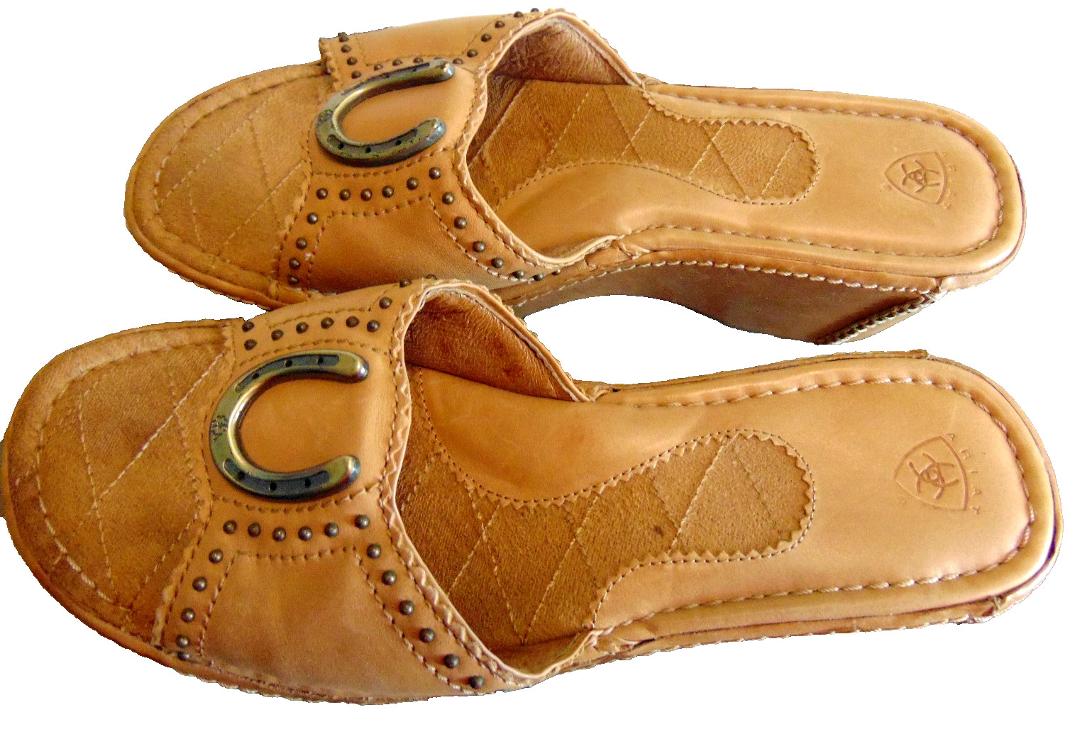 Ariat Womens Tan Leather Horseshoe Stud Wedge Slide Sandals Western Cowgirl~ 8.5
