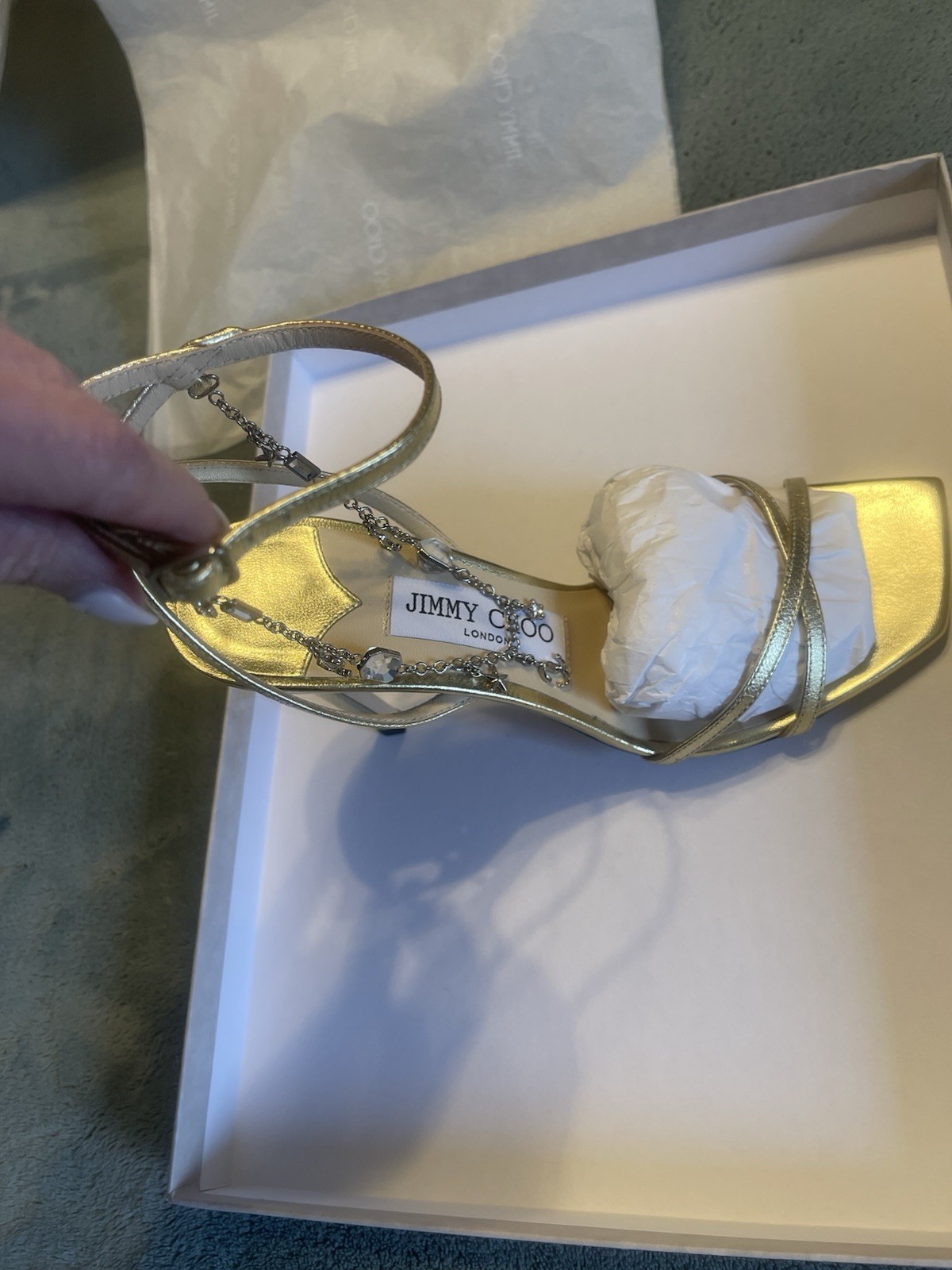 Jimmy Choo Metz Style Leather Stiletto Heel Sandals With Chain – Gold Size 37