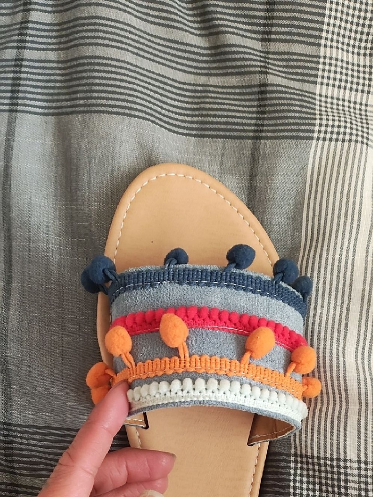 Source Unknown Tan Sandals with Orange, Red and Navy Pom Pom Trim