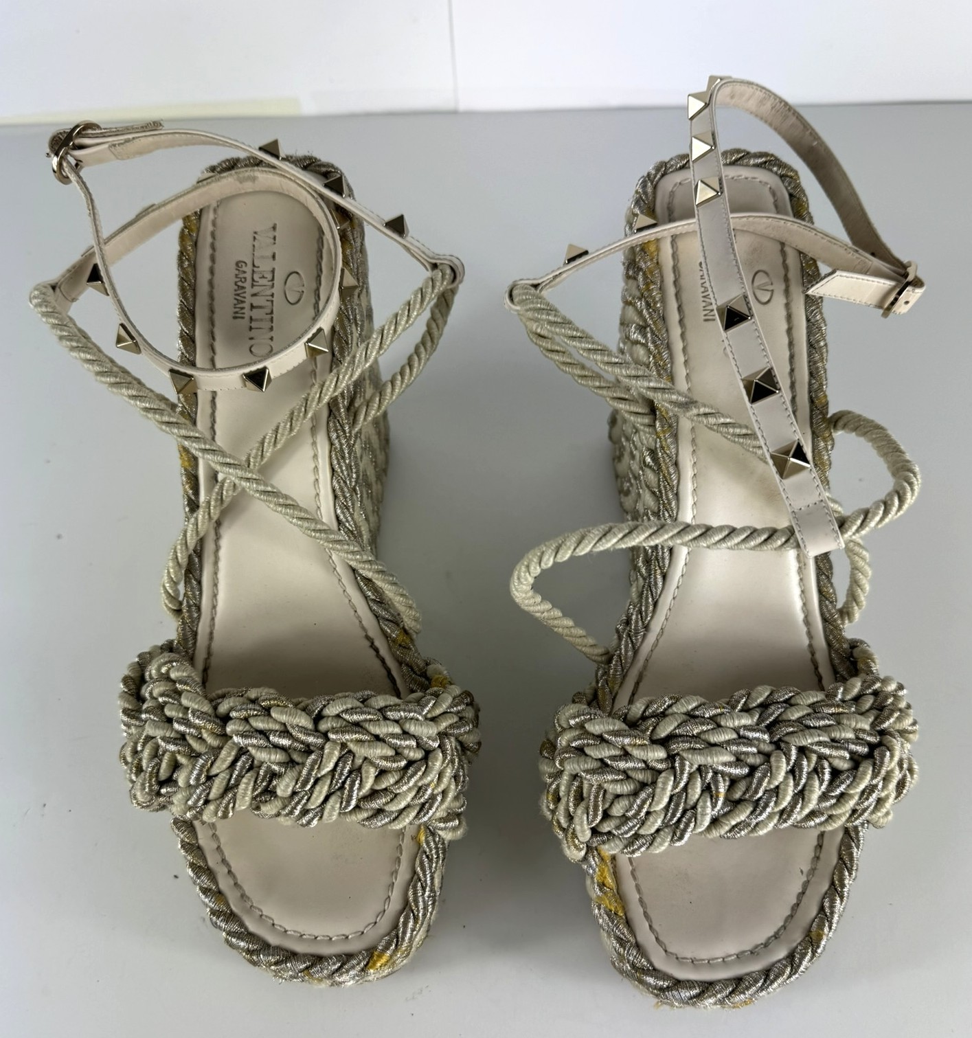 Valentino Rockstud Torchon Espadrille Rope Stripe Wedge Sandal EU 41 US 10/10.5