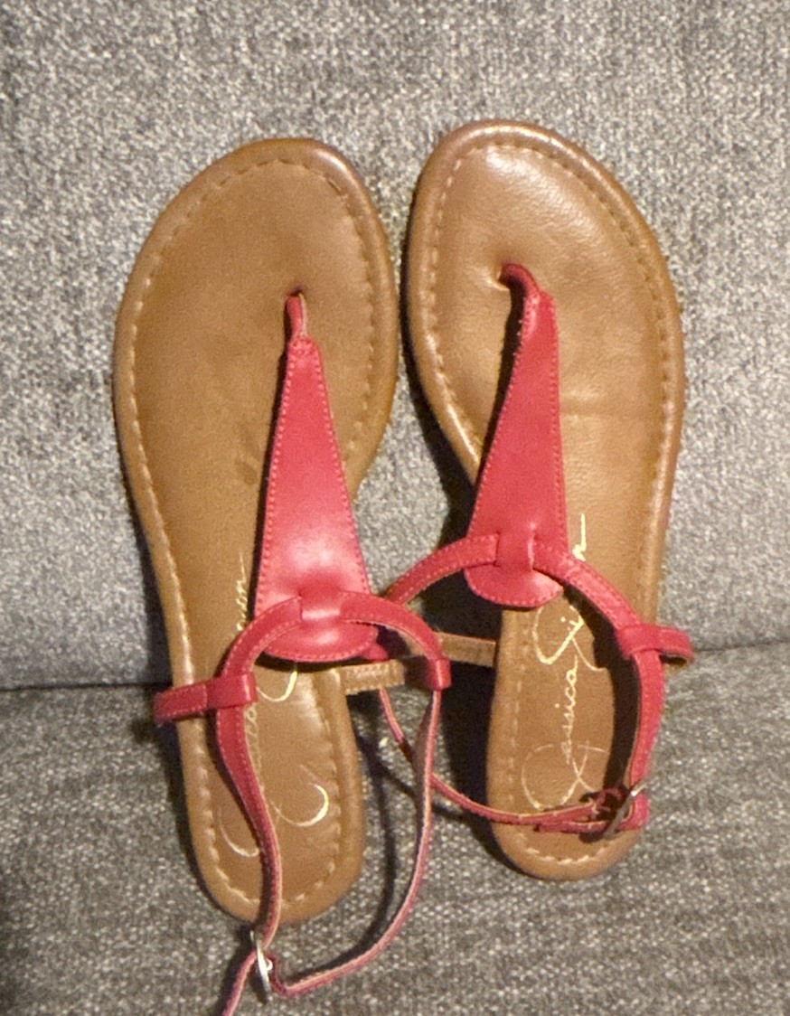 Jessica Simpson Pink/Red T-Strap Flat Sandals Size 6 1/2