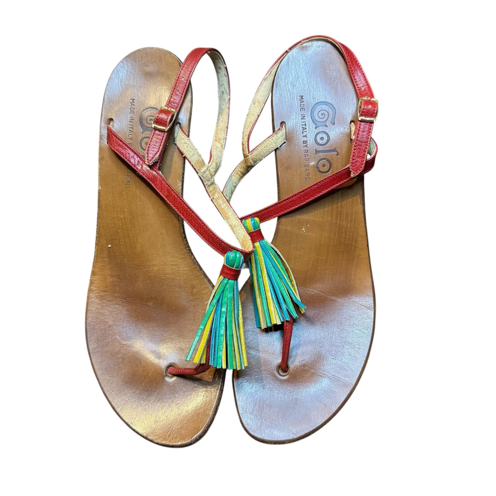 Golo Wedge Sandals Womens Size 10 Red Leather Tassel Ankle Strap Made in Italy