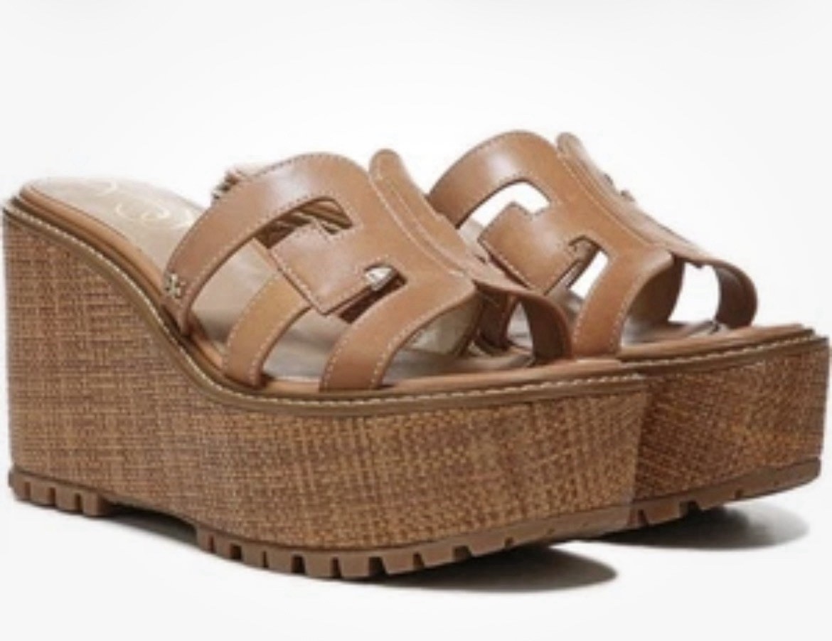 Sam Edelman Platform Wedge Slide Sandal Women Brown Leather Logo Slip On 10