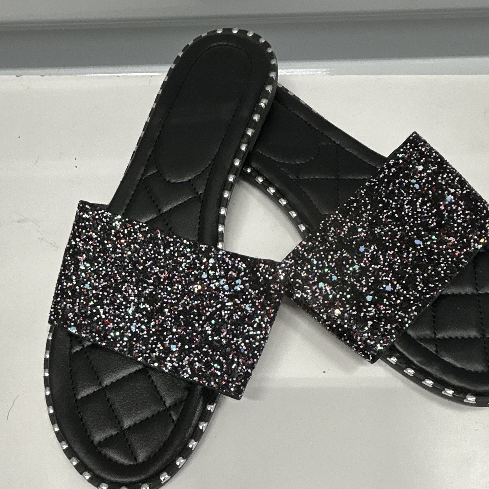 Women’s Black Glitter Slip On Slide Sandals Open Toe Wide Strap Synthetic 11