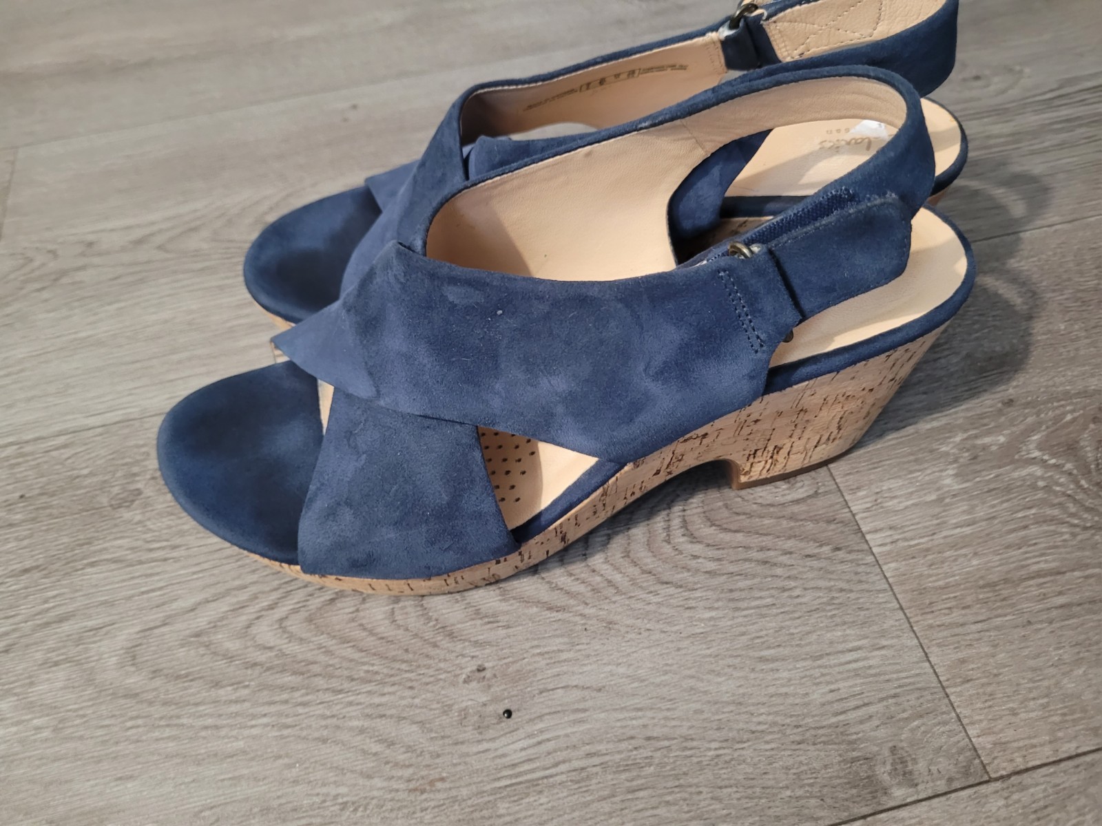 Clarks Blue Leather Slingback Wedge Sandals 9.5 Cork Accent Hook & Loop