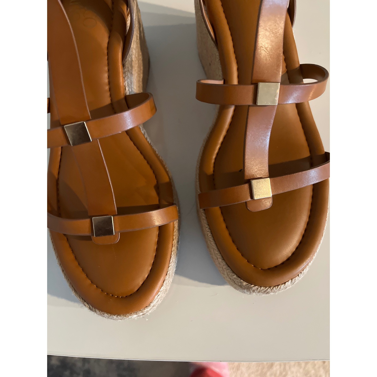 Franco Sarto Cognac Brown Leather Espadrille Wedge Sandals Gold Hardware Strappy