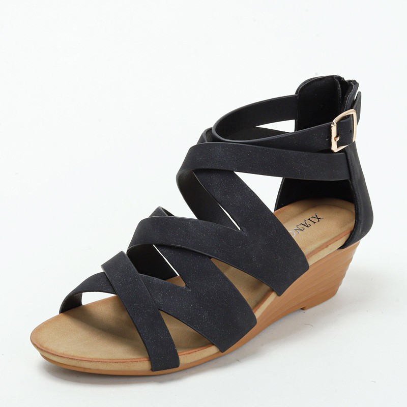 Women Crisscross Multi Strap Adjustable Buckle Zip Open Toe Wedge Heel Sandals