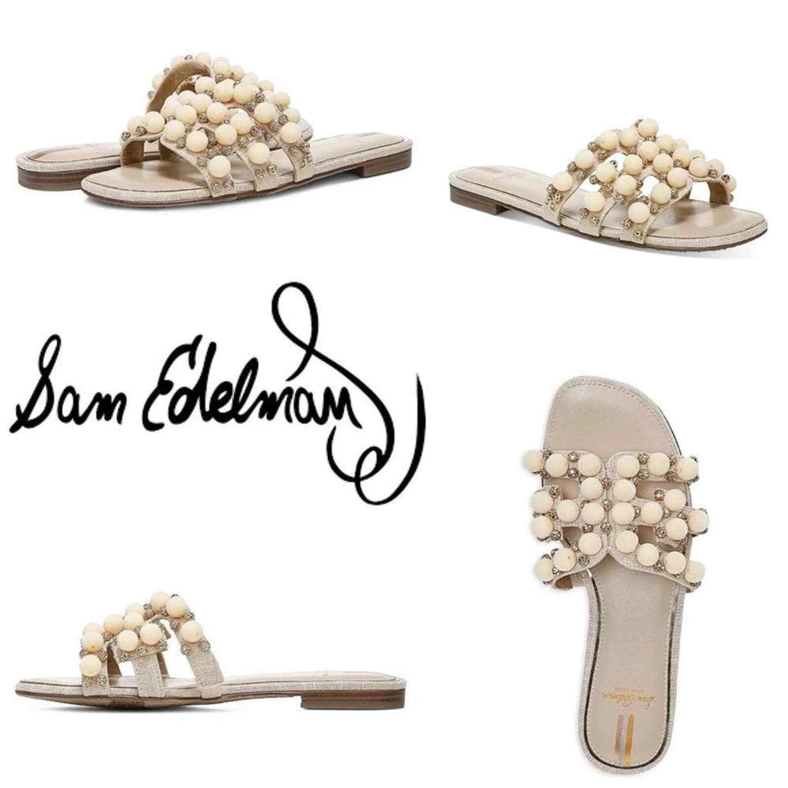 Sam Edelman Bay 19 Slide Sandals Beige Pom Pom Sz 7M Flat Boho Embellished Beach