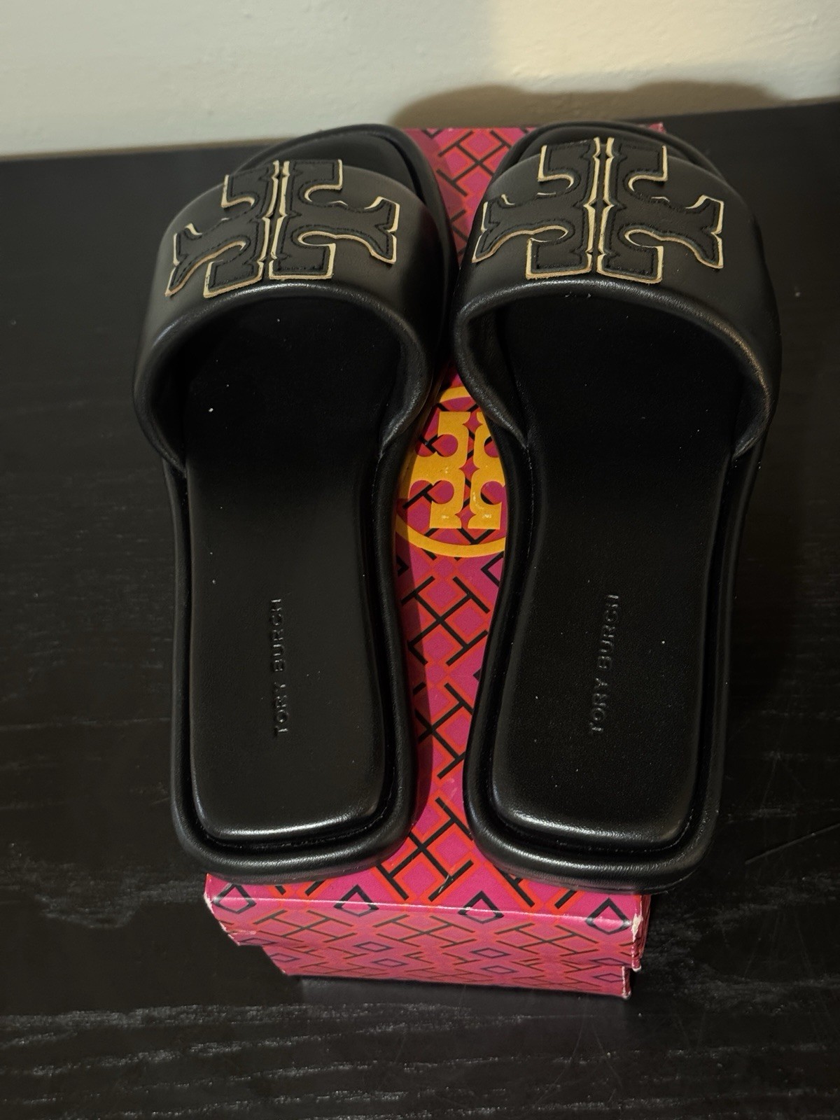 Tory Burch Doublet Sport Slide 6 5 Women’s Black Gold Leather