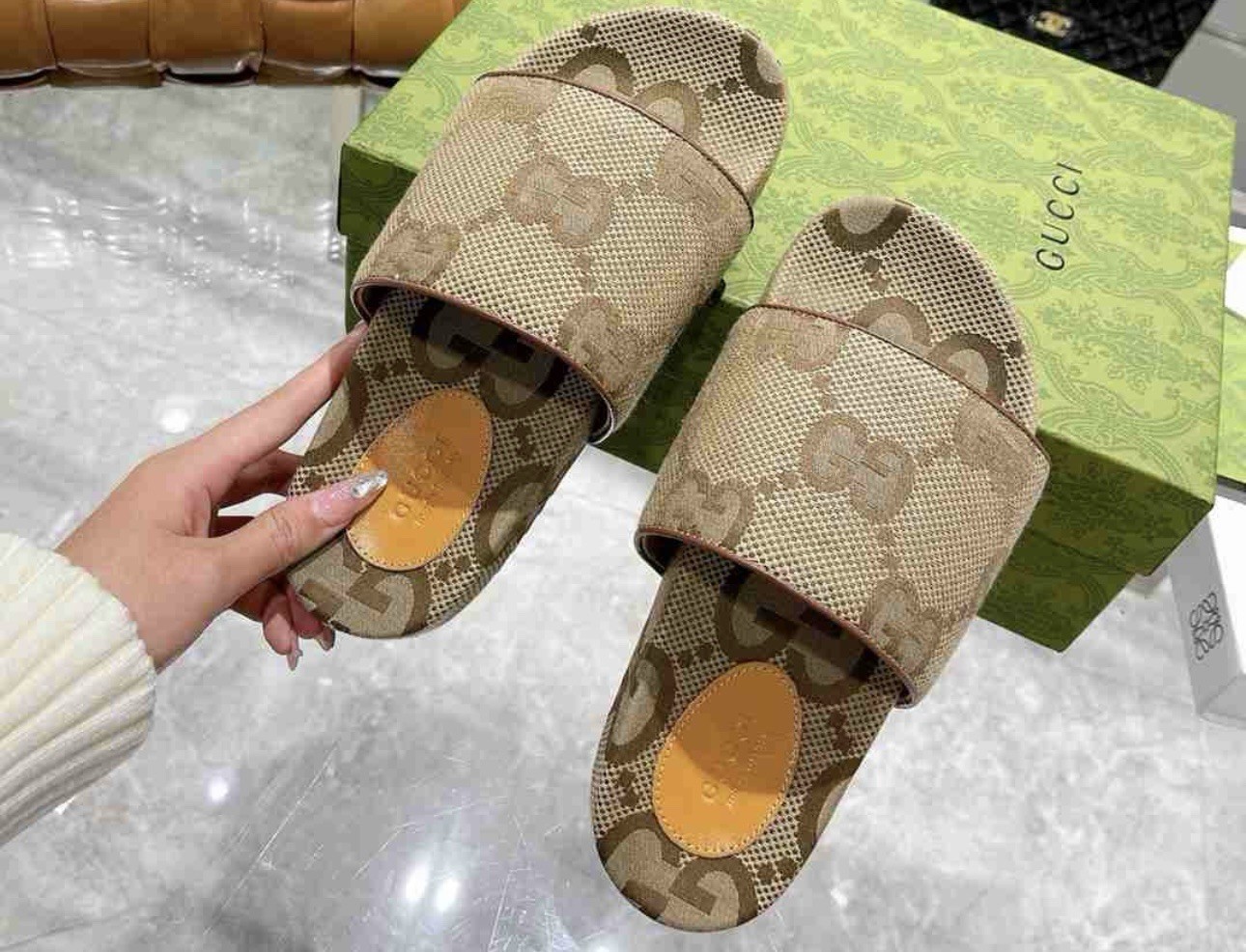 Gucci Women’s Canvas Jumbo GG Pattern Slide in Beige Brown