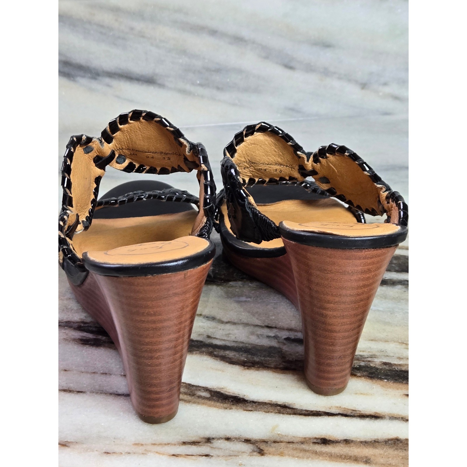 Jack Rogers Womens Black Leather Whipstitched Rondelle Wedge Sandals Size 6M