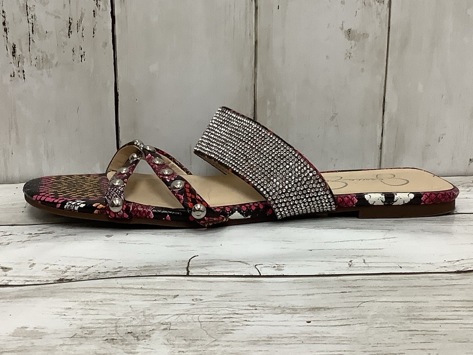 Jessica Simpson Fairia Flat Sandals Size 8M Pink Multicolor Snake Rhinestone