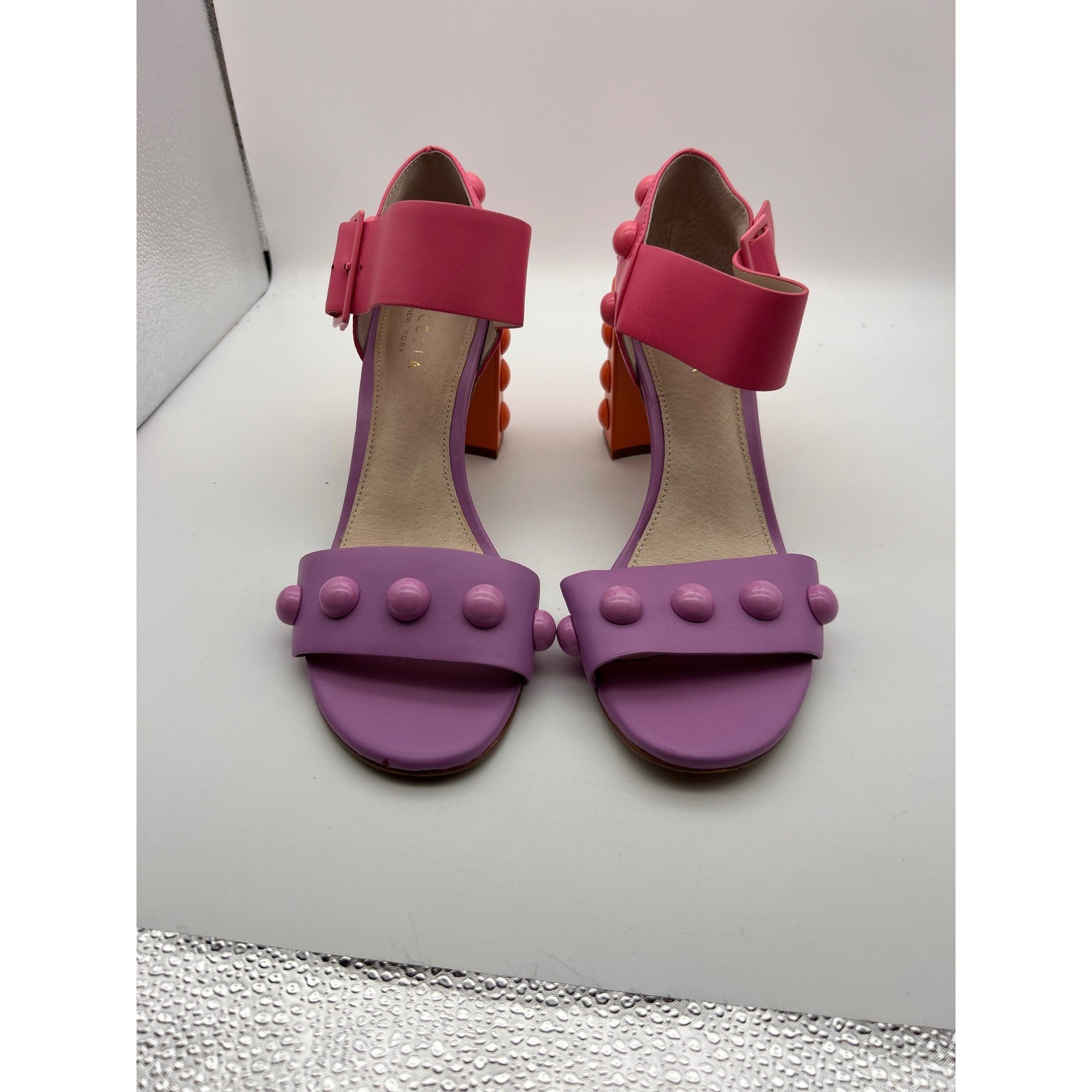 Cecelia New York Gail Colorblock Leather Studded Block Heel Sandals Pink 8M
