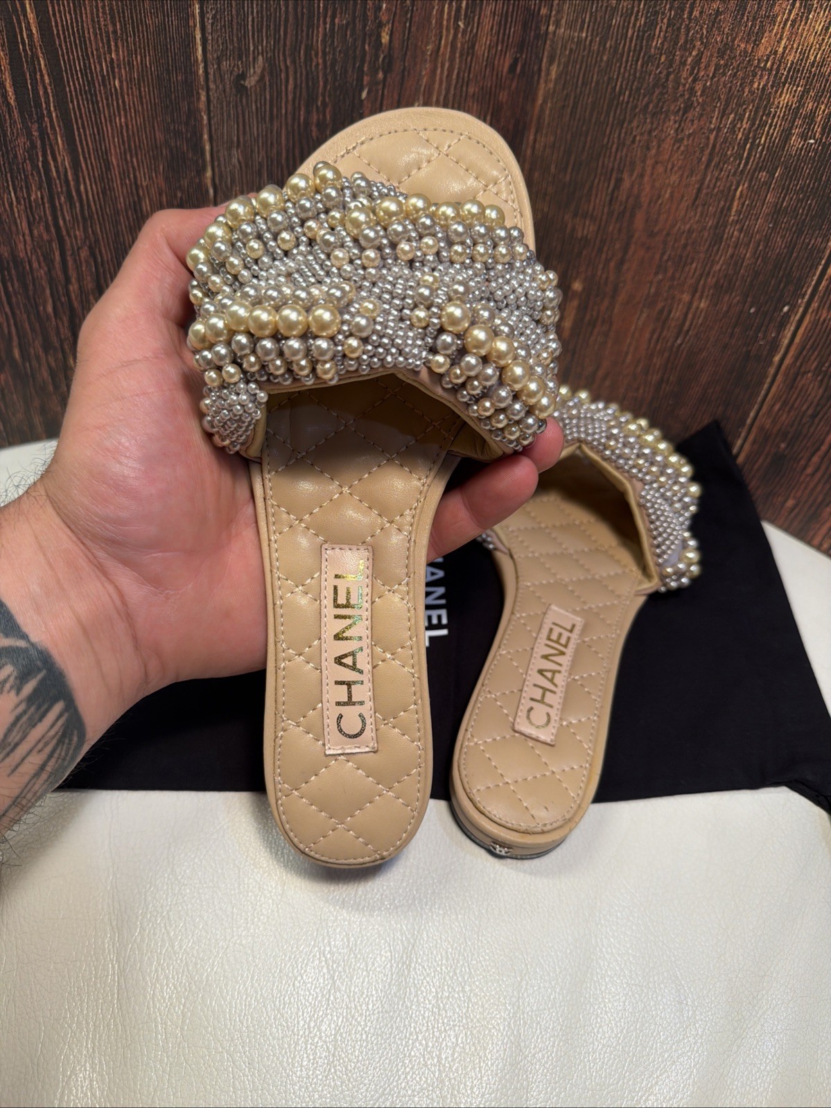 CHANEL Cuba Silver Gold Beige rope pearl twist slipper sandals EU37