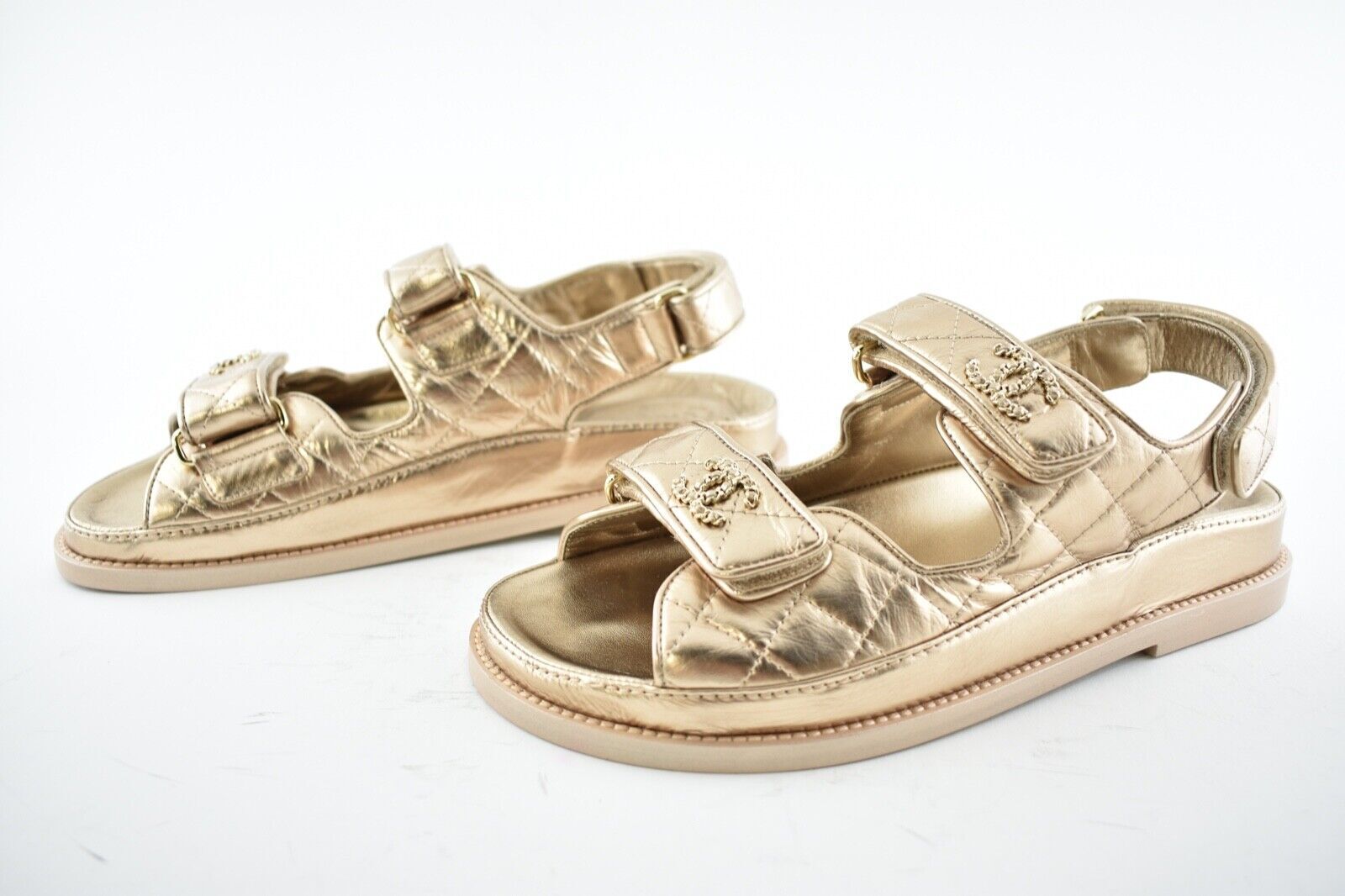 Chanel 21C Bronze Quilted Chain CC Logo Mule Slide Strap Flat Teva Dad Sandal 42