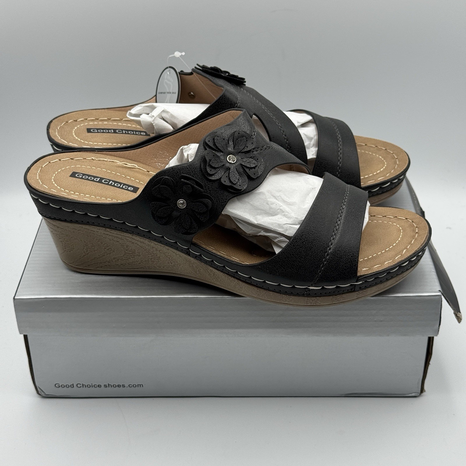 Good Choice Rita Black Wedge Sandals Sz 10 Flower Accent Slip-On NIB