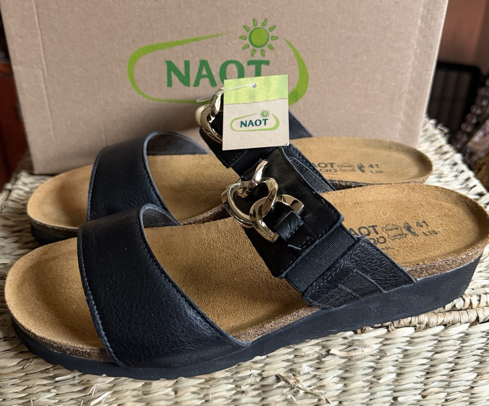 NAOT Victoria Womens Sandals EU 41 US 10-10.5 Black Leather Wedge Heels NIB