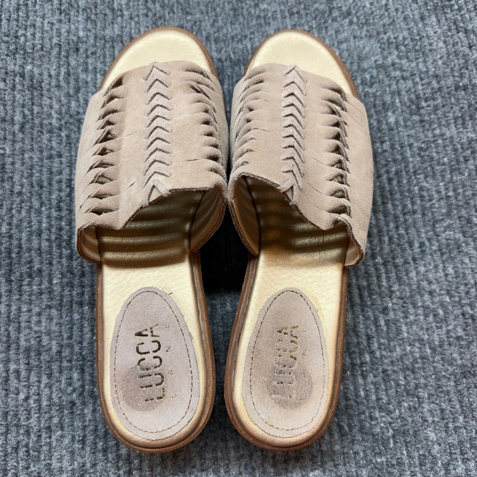 Lucca Lane Kalista Wedge Slide Sandals Womens 9M Tan Suede Cork Comfort Shoes
