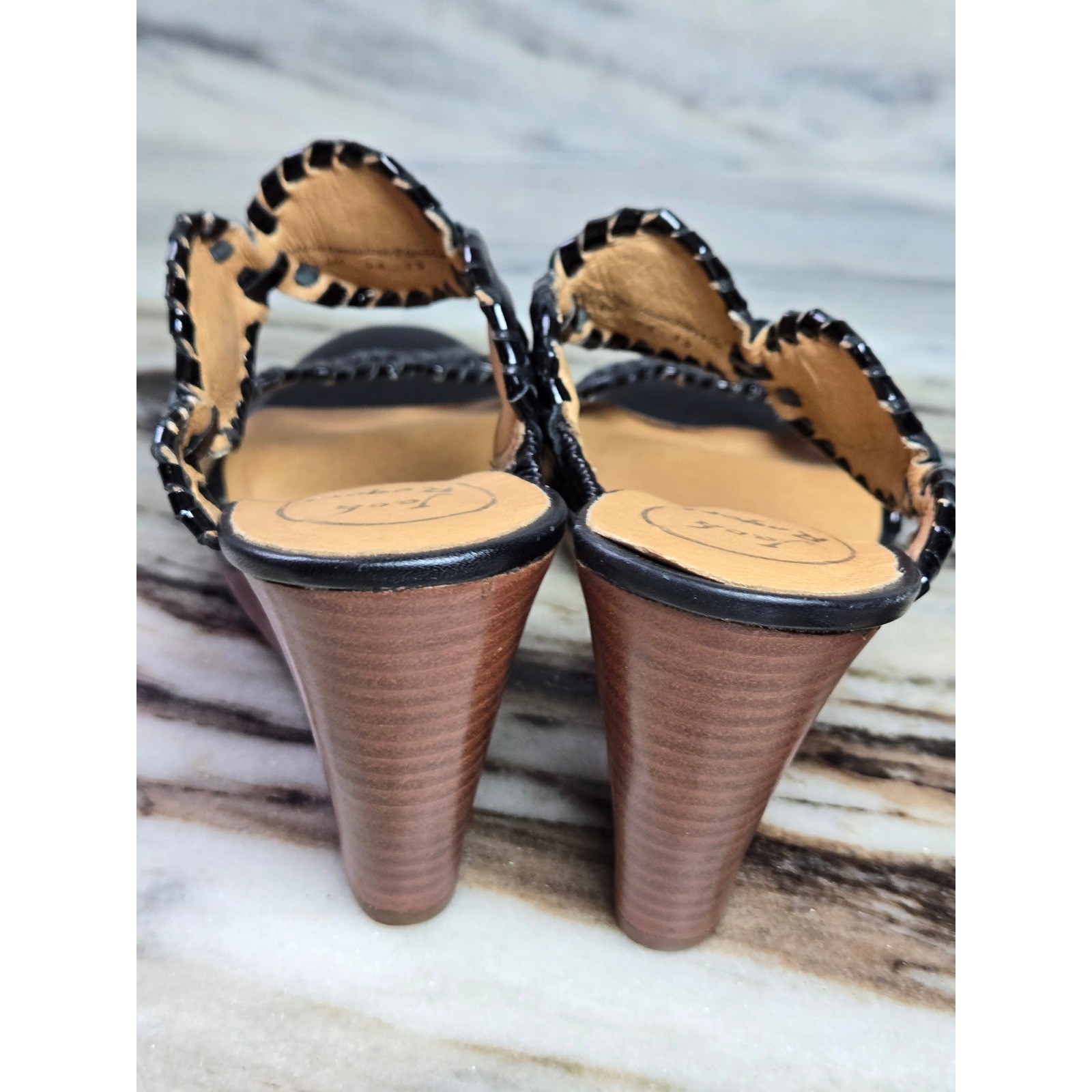 Jack Rogers Womens Black Leather Whipstitched Rondelle Wedge Sandals Size 6M