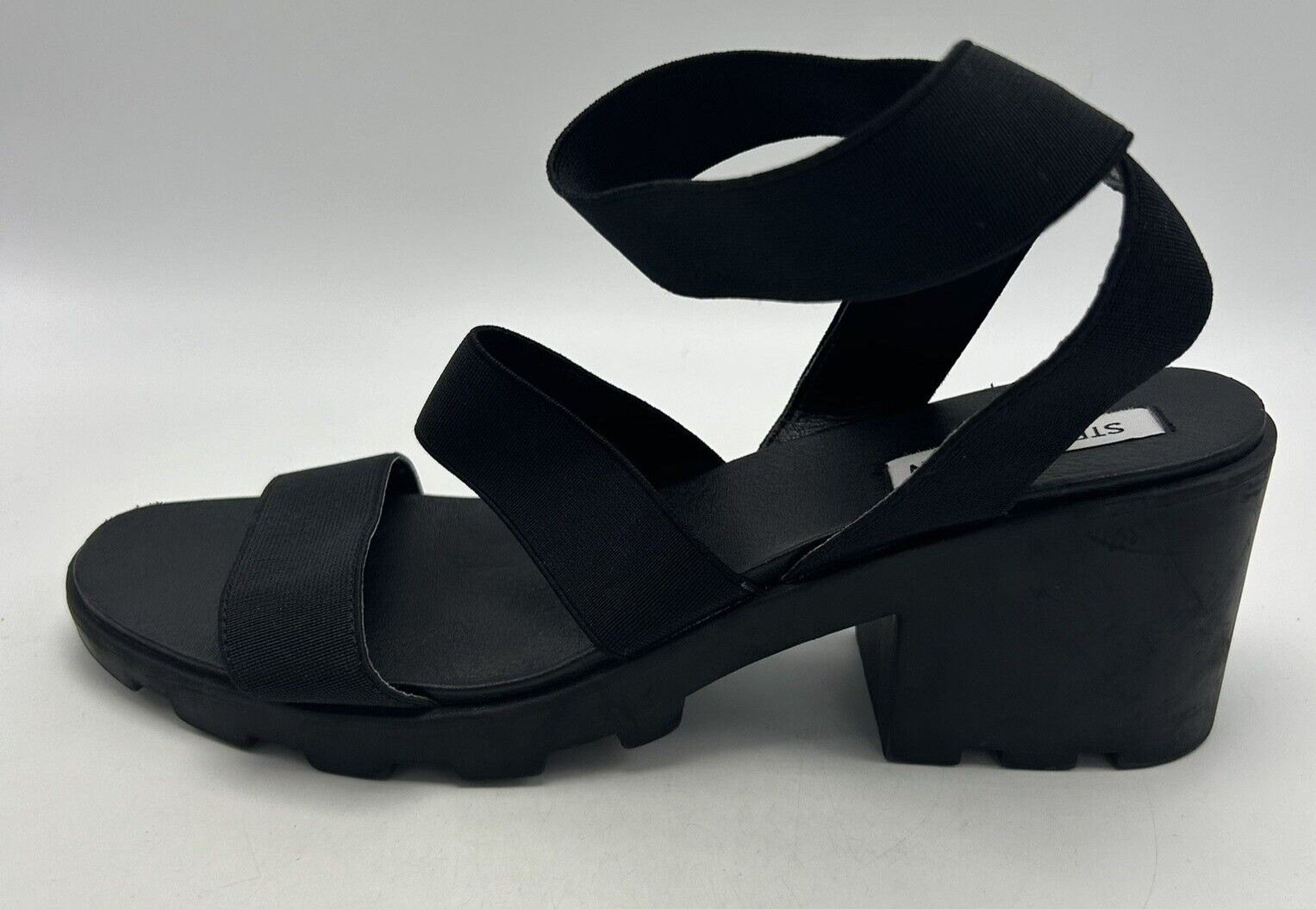 Steve Madden Sandals Womens 9.5 Black Ankle Strap Chunky Block Heel Elastic 3″