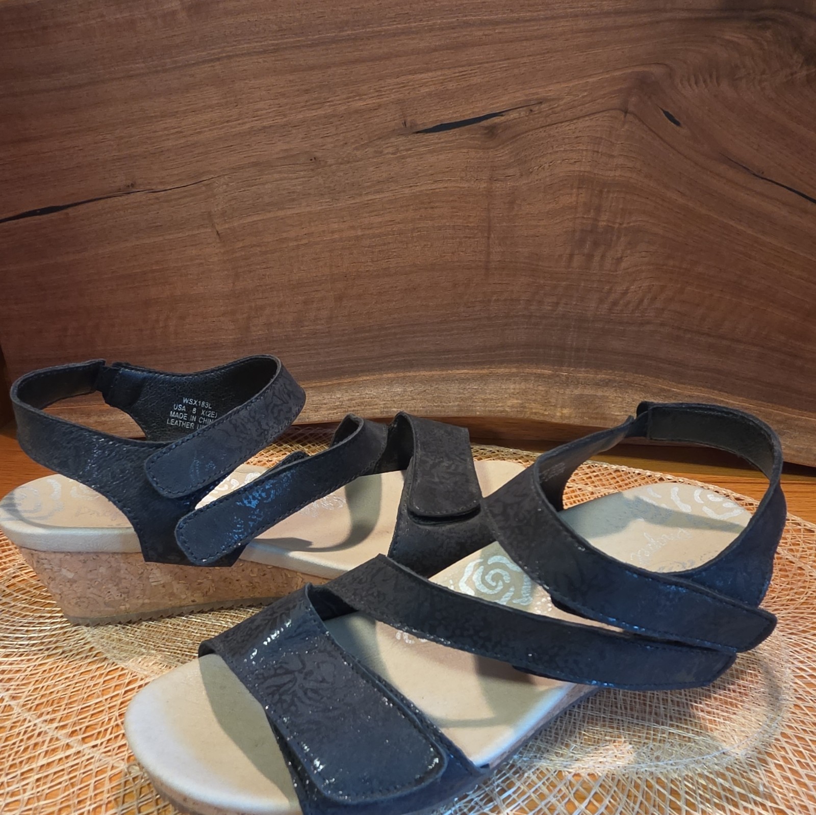 Propét Black Leather Strappy Wedge Sandals Women’s US 8 Hook & Loop Adjustable