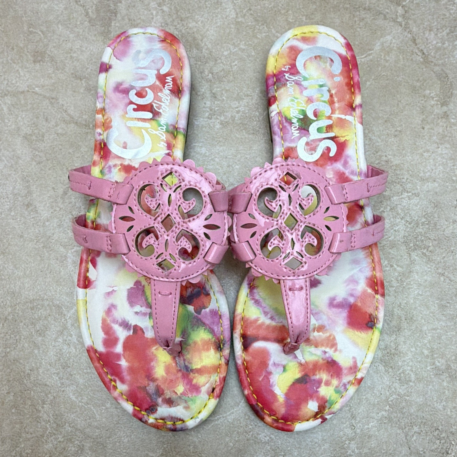 Circus by Sam Edelman Pink Multicolor Tie Dye Thong Sandals Leather Cutout 7.5