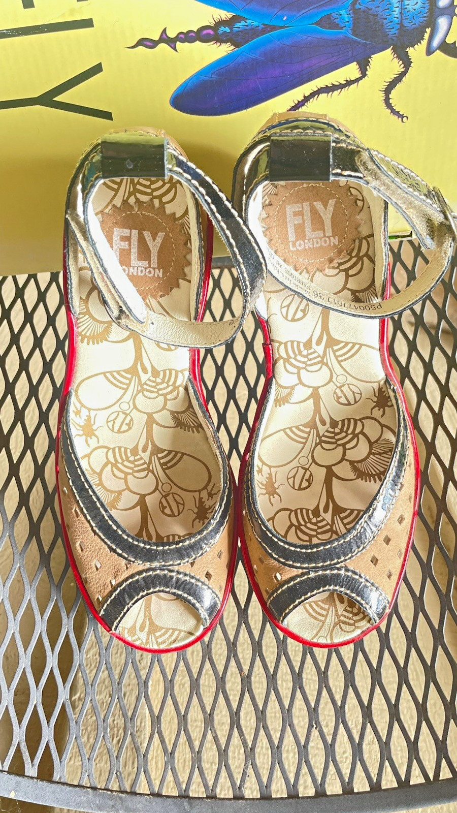 FLY London Women’s Leather Wedge Sandals Floral Beige/Black/Red US 6