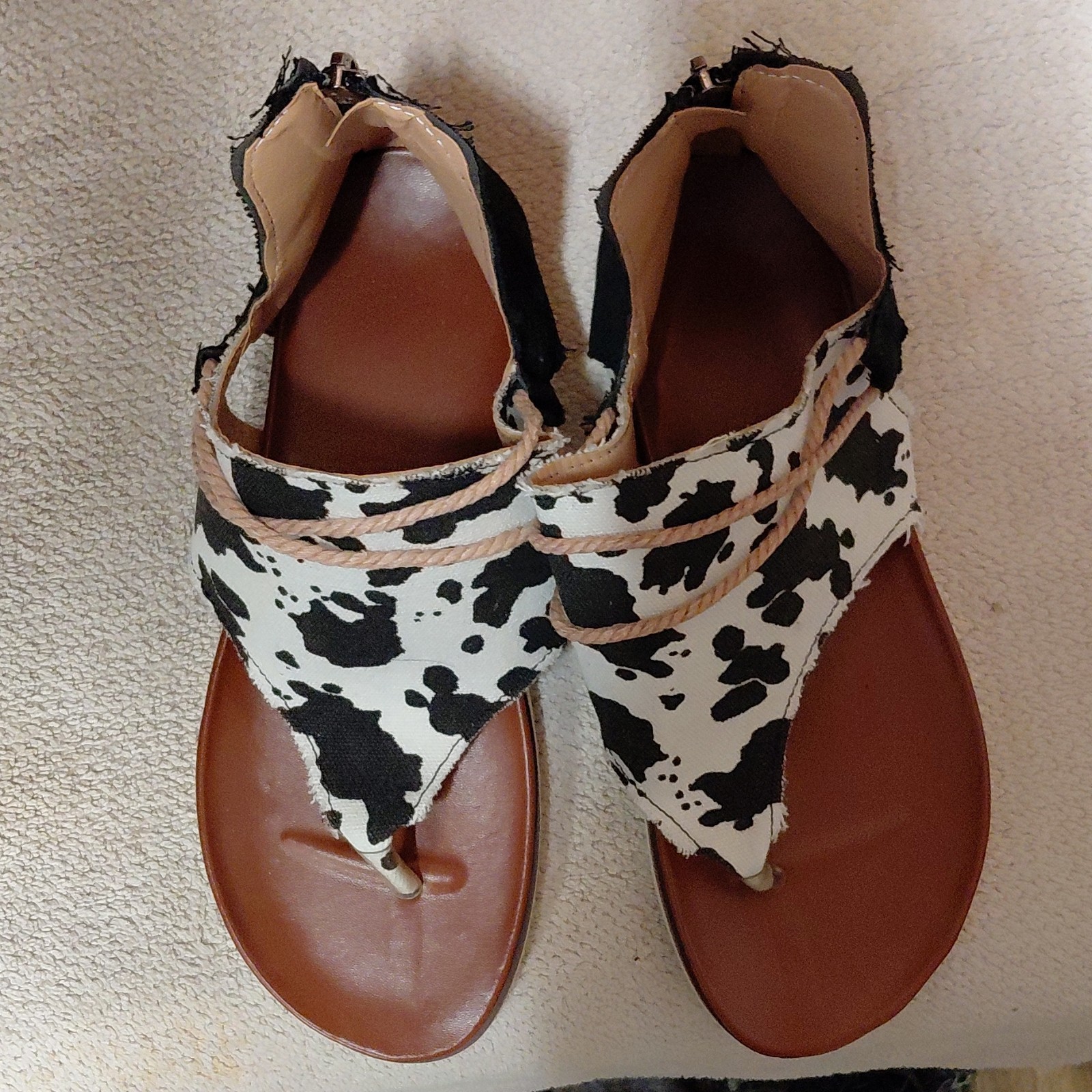 Cow Print Braided Thong Sandals Brown Black White Lightweight Synthetic Summer
