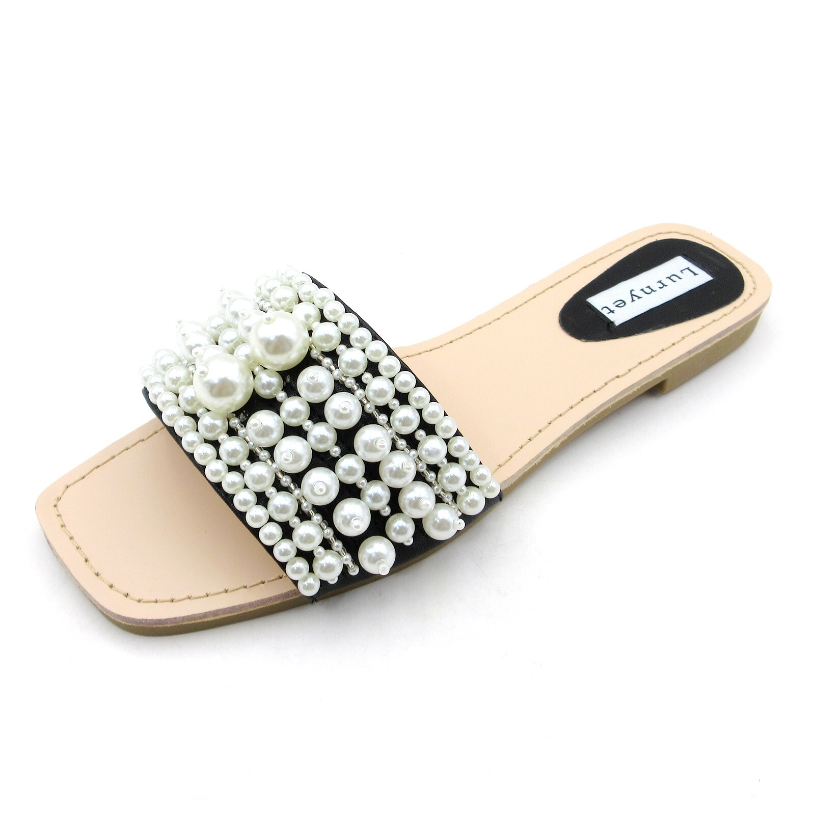 Lurnyet Women’s Pearl Embellished One Band Flat Sandal for Outdoor Casual