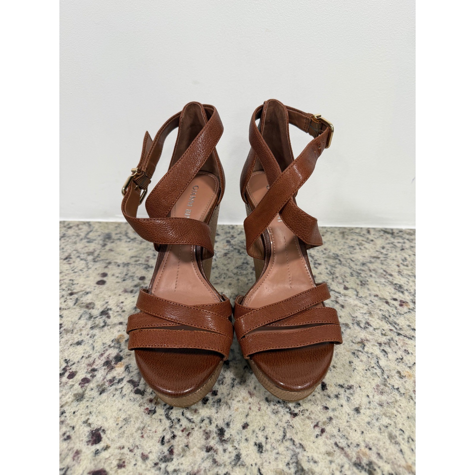 Gianni Bini Brown Leather Wedge Sandals Multi Strap Platform Heels Womens 6M
