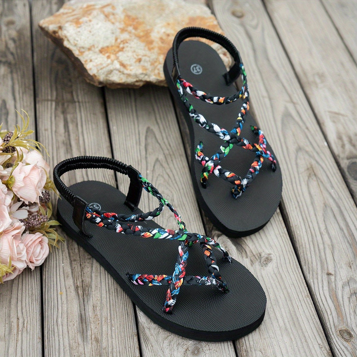 Chic Floral Flat Sandals Lightweight Summer Ankle Strap Comfort
