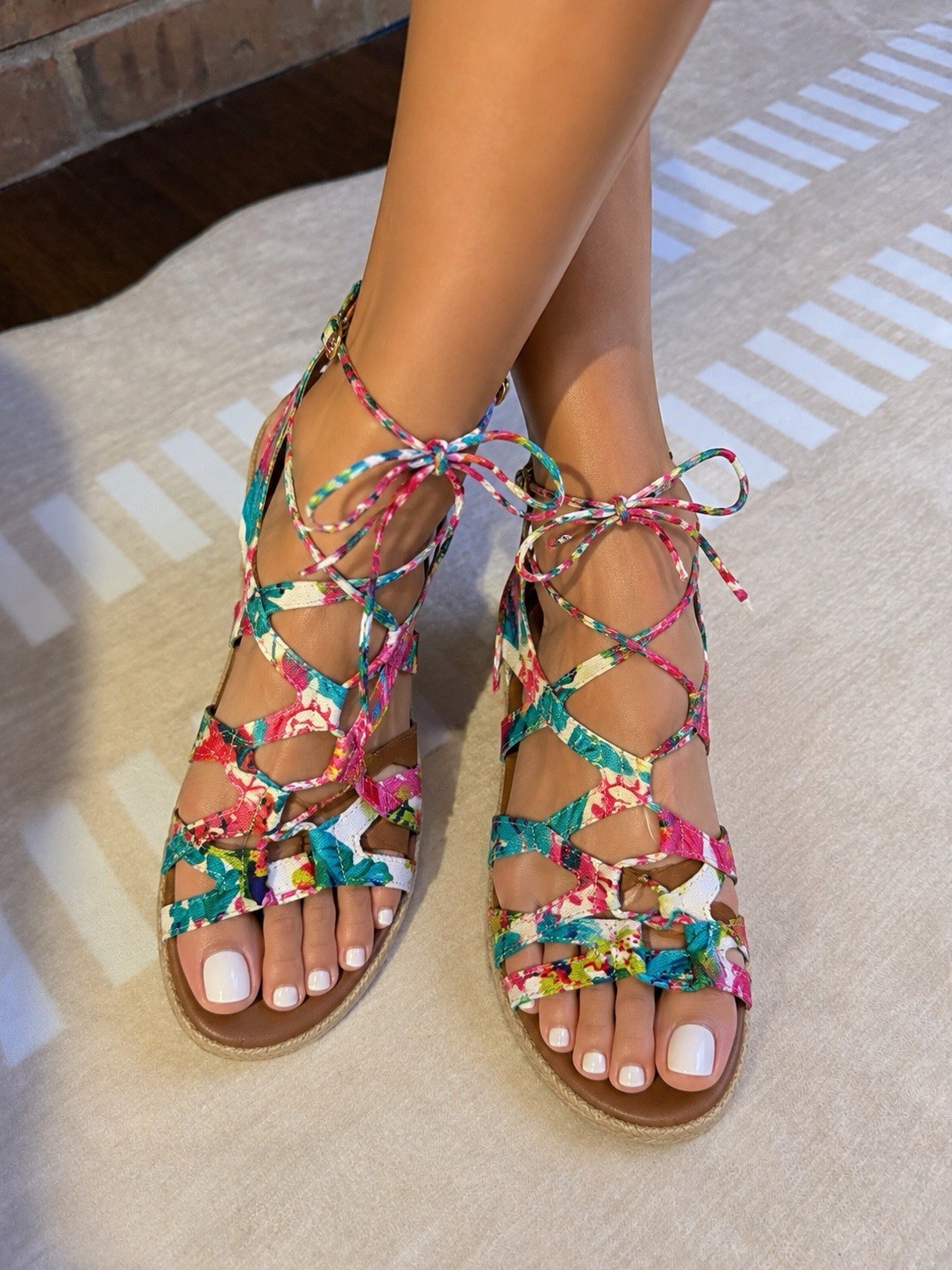Sugar Women’s Multicolor Floral Strappy Lace-Up Espadrille Wedge Sandals