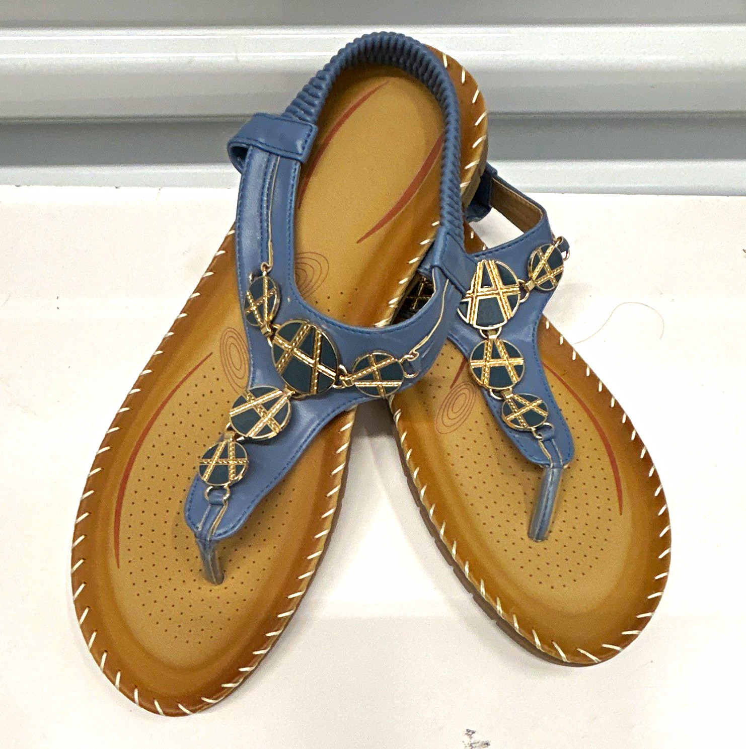 Women’s Blue Solid Thong Slip On Flat Sandals Logo Accents Casual Summer 11