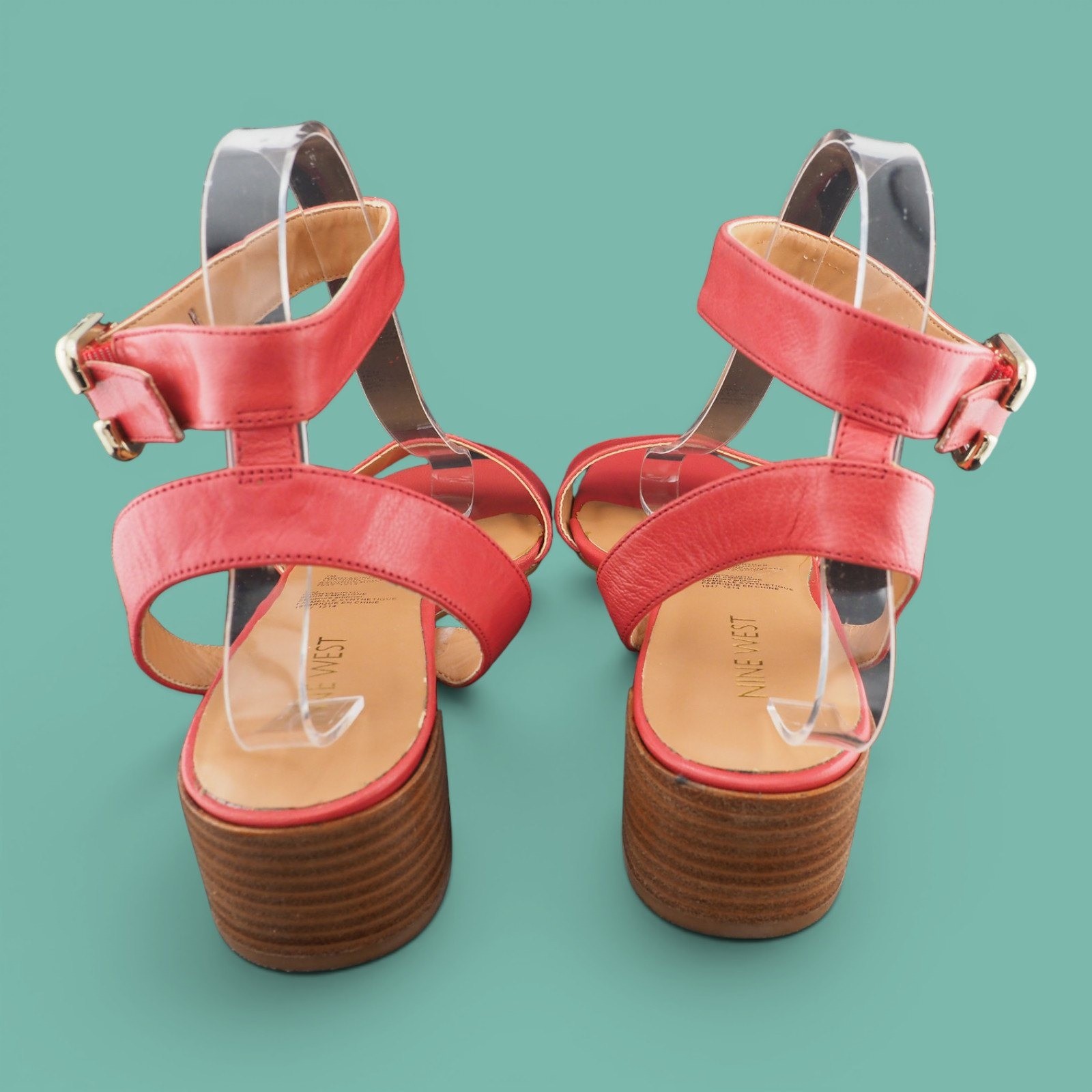 Nine West Hyacinth Red Leather Ankle Strap Block Heel Sandals Womens 7M