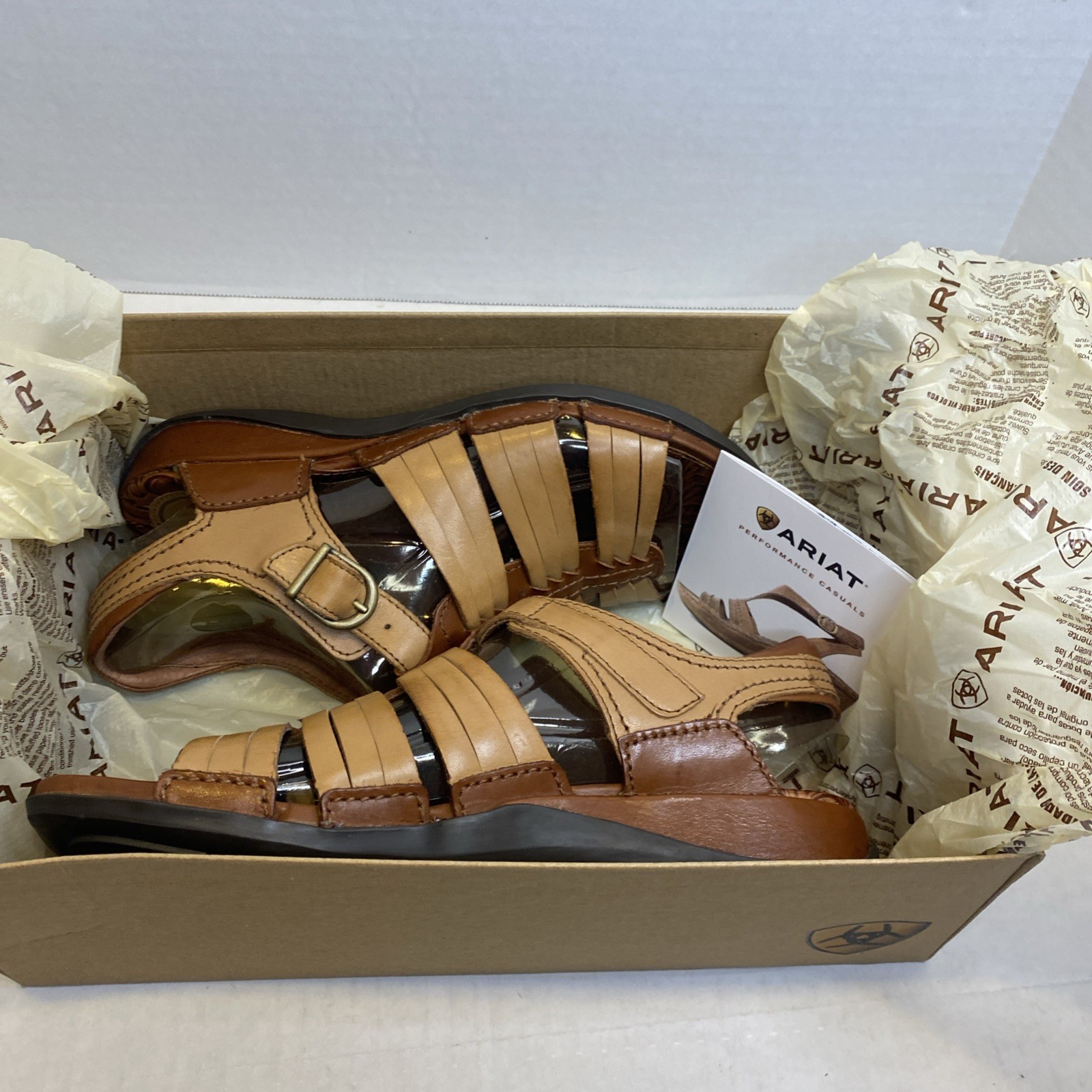 Ariat Women’s Key West Tan Leather Sandals Size 8 B Strap Back Embossed NIB
