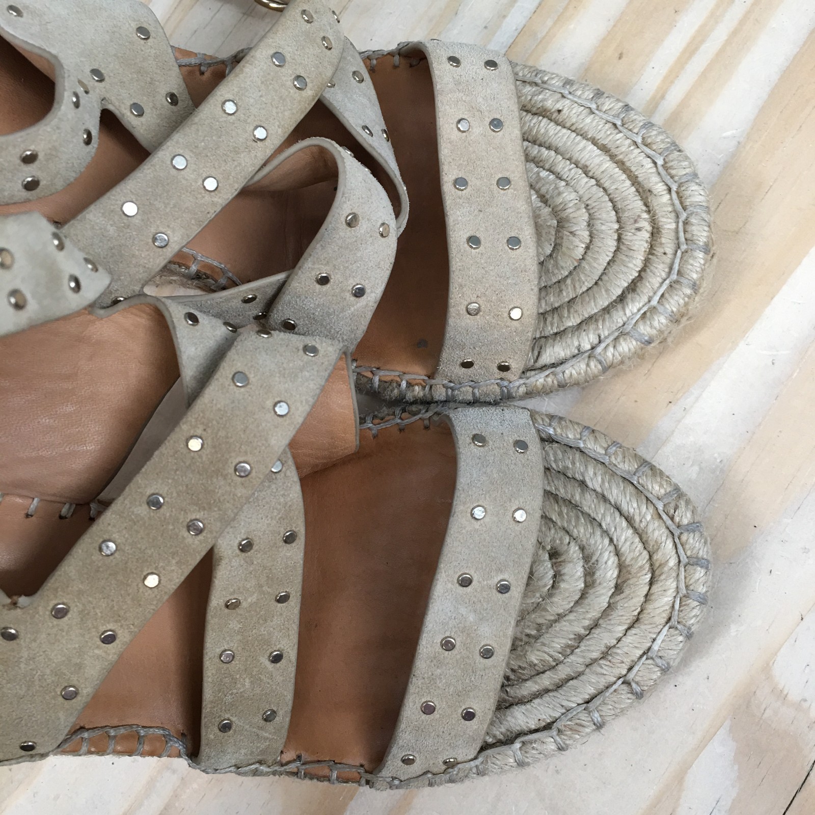 Joie Sandals Womens 38 Korat Studded Strappy Espadrille Wedge Brown Leather