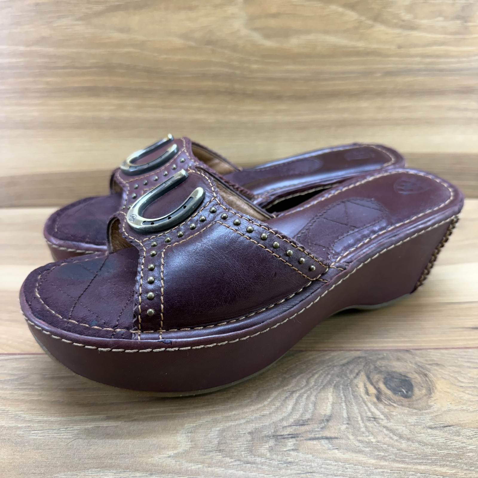 ARIAT Horse Shoe Wedge Chunky Sandals 7.5 M Brown Leather Y2K Slide Slip On