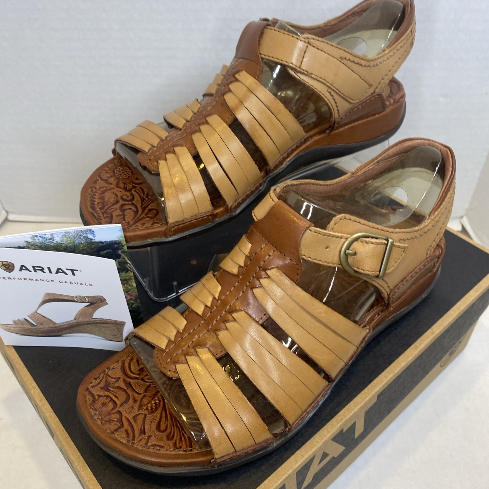 Ariat Women’s Key West Tan Leather Sandals Size 8 B Strap Back Embossed NIB