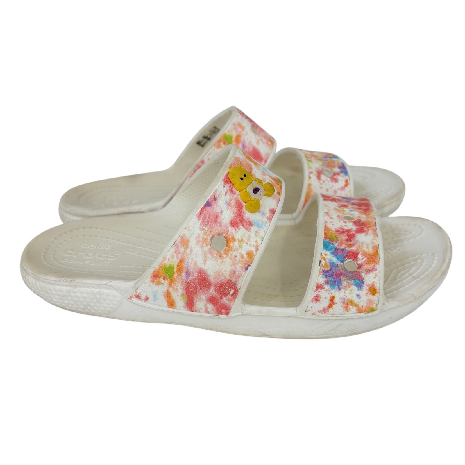 Crocs Slide Sandals Size 8 White Tie Dye Splatter Print Iconic Comfort Care Bear