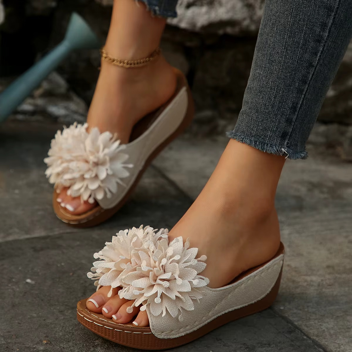 Women’s Flower Wedge Sandals Open Toe Slip-On Summer Platform Slides Casual