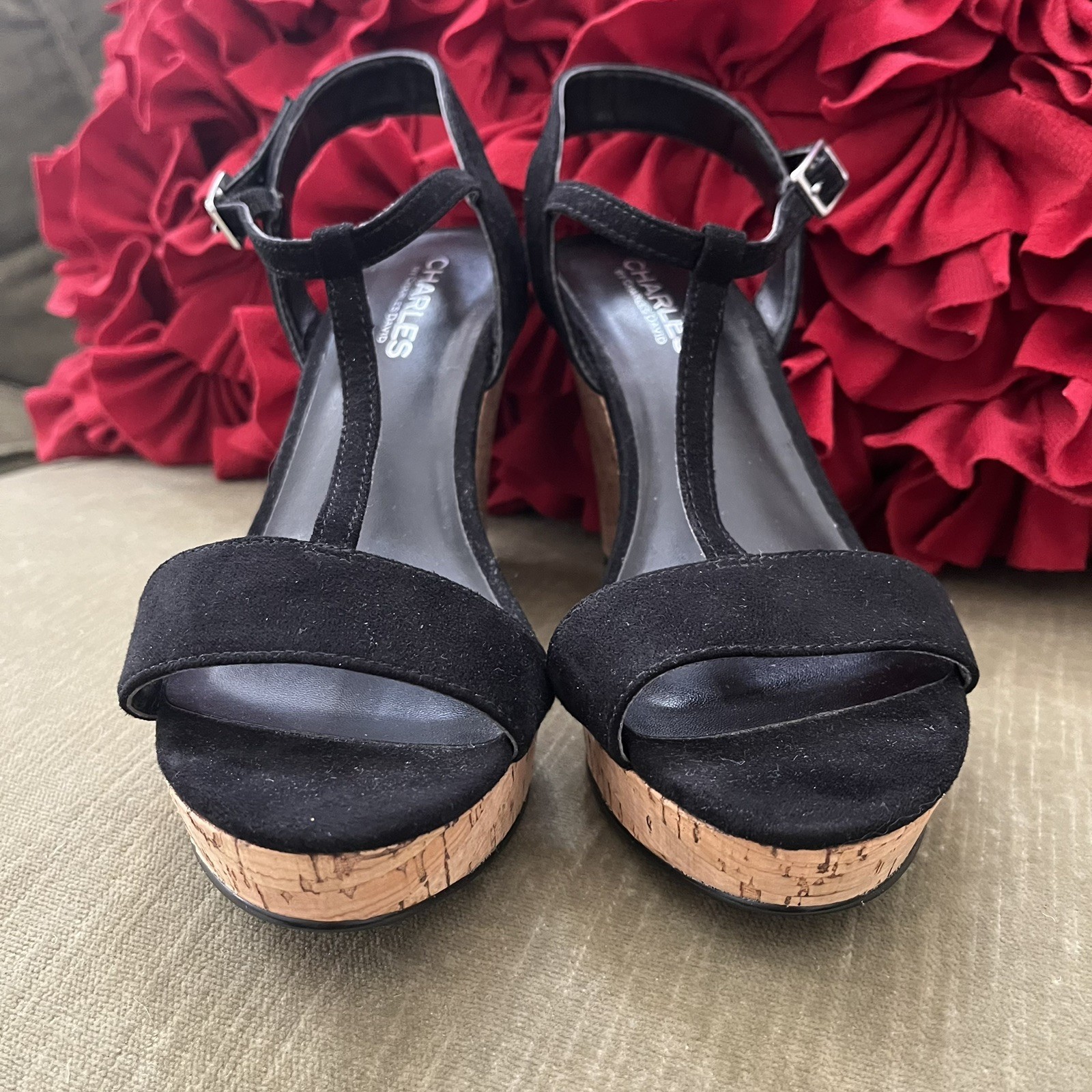NEW CHARLES by Charles David Women Black Suede Wedge Platform Sandal Sz 7.5 or 7