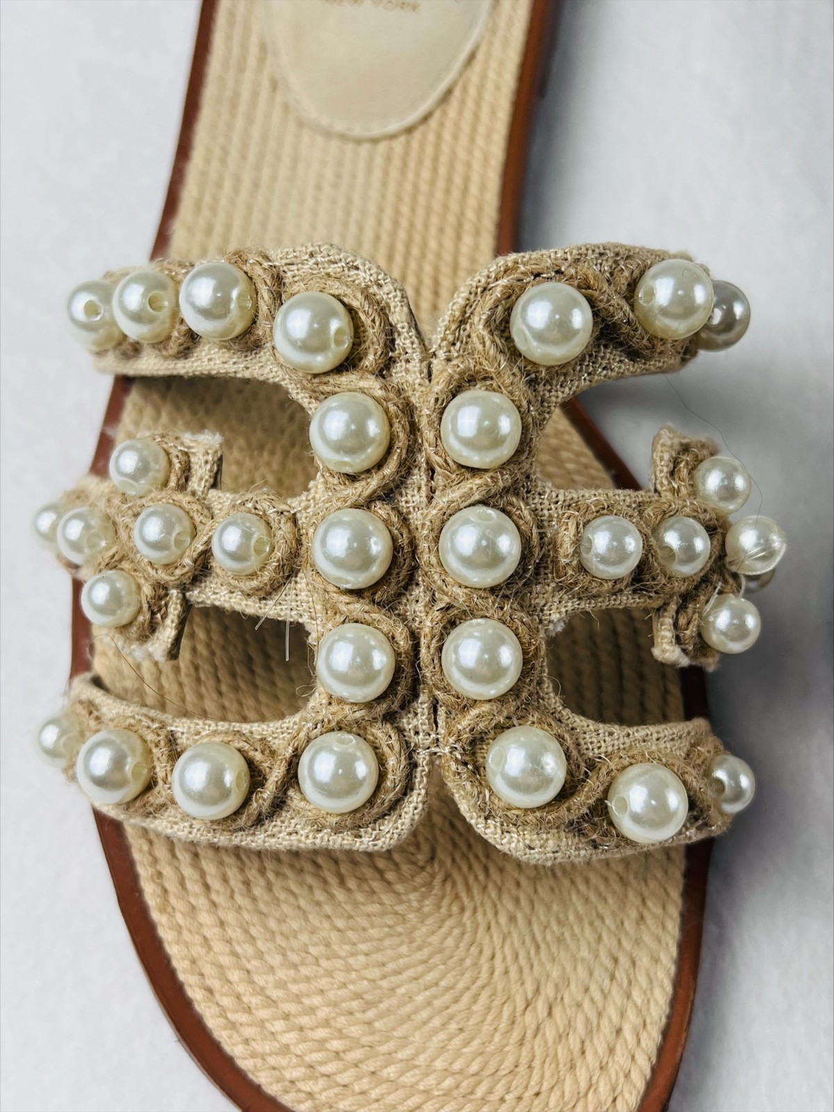 Sam Edelman Bay Soleil Cuoio Pearl Leather Slide Sandals Womens Raffia Flat 8.5