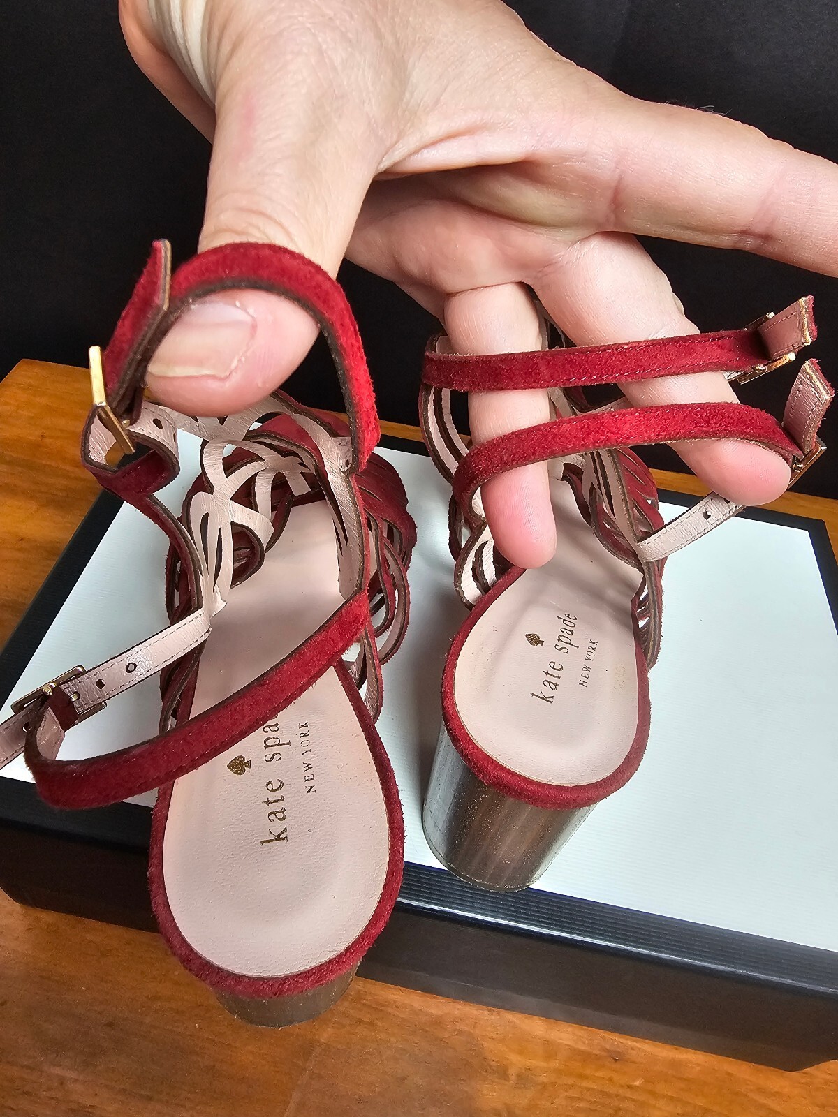 Kate Spade Heels Red Womens 8 Suede Cutout Block Heel Sandal